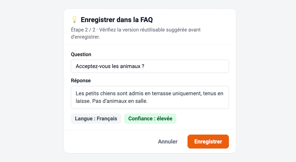 Le panneau Sauvegarder en FAQ avec une question et une réponse suggérées
