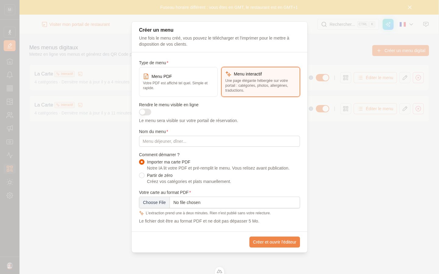 The menu creation form with the interactive menu type selected