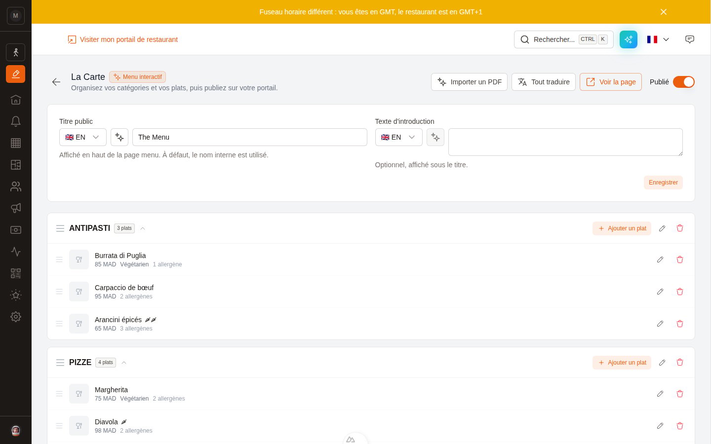 The interactive menu editor with draggable categories and items