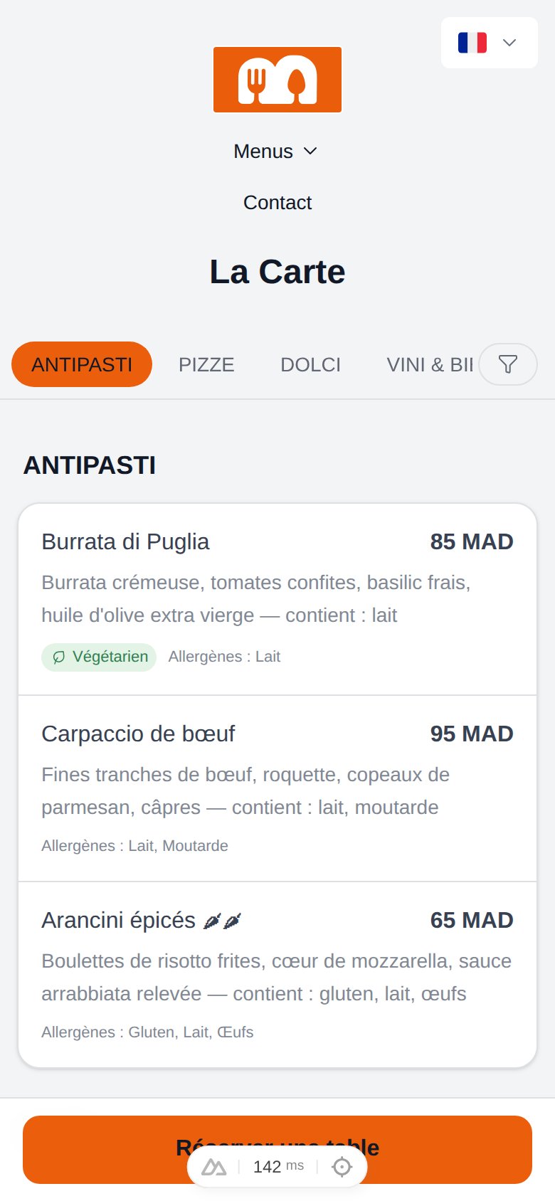 An interactive menu on mobile, themed with the restaurant's colors