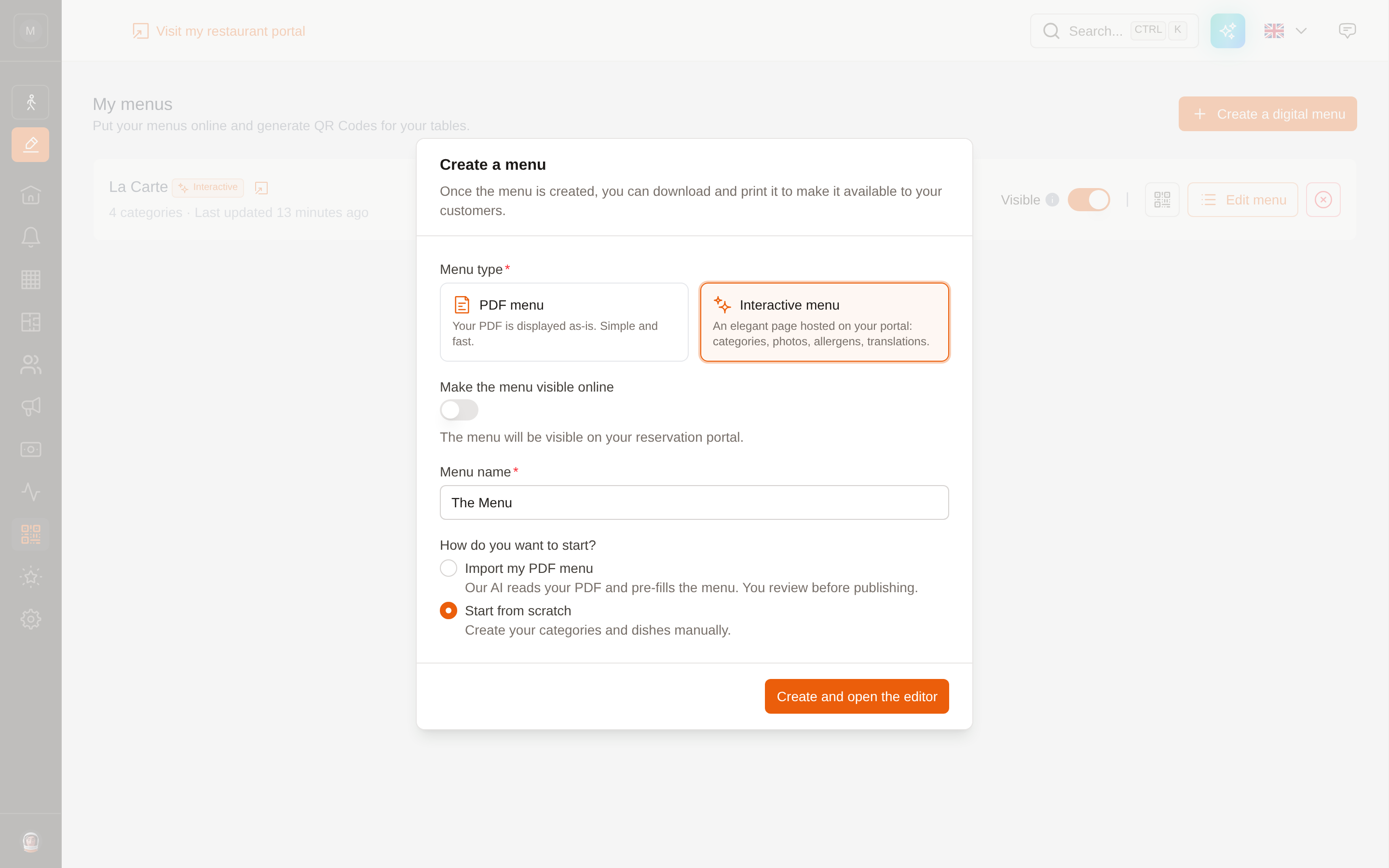 The menu creation form with the interactive type selected