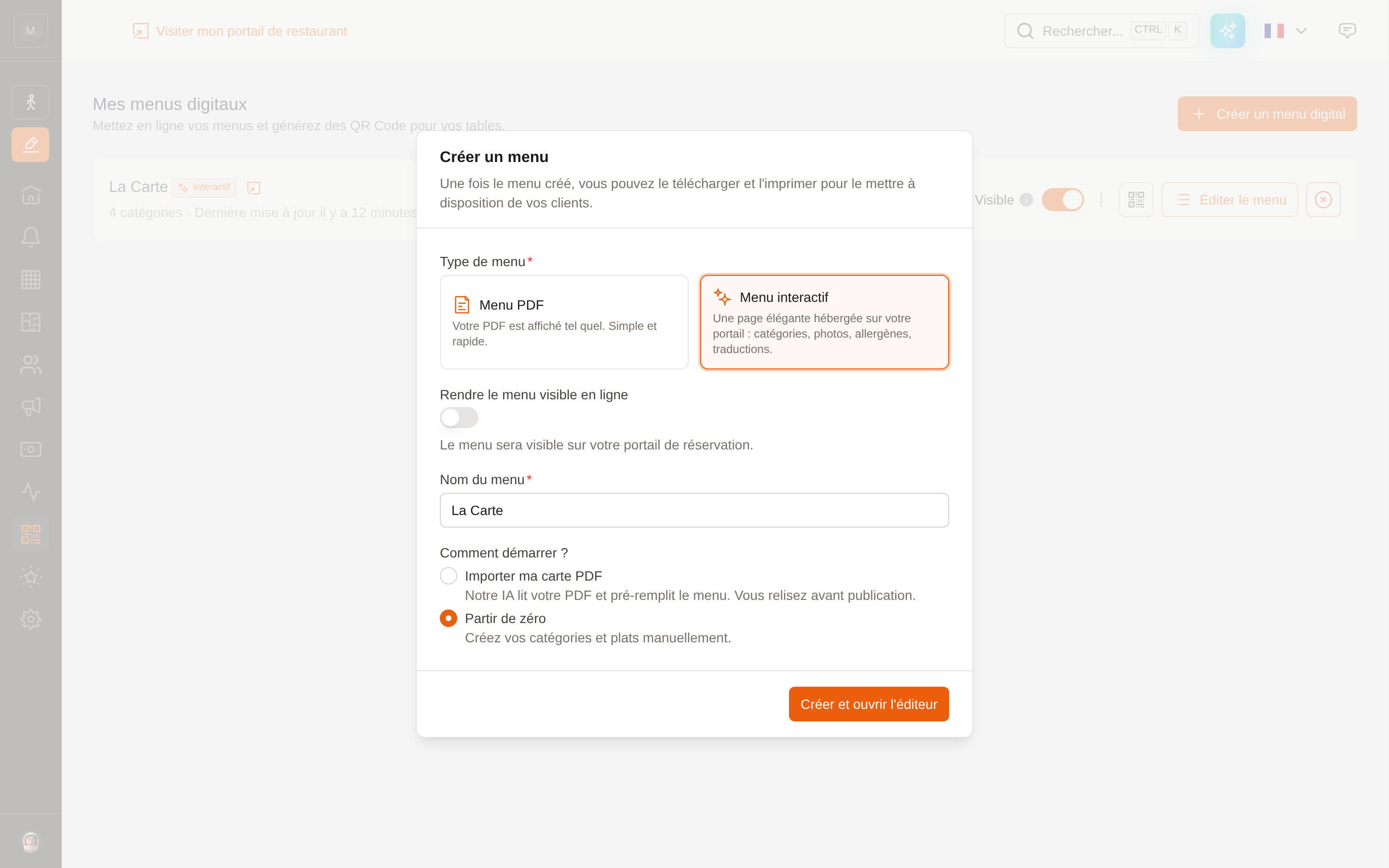 Le formulaire de création avec le type menu interactif sélectionné