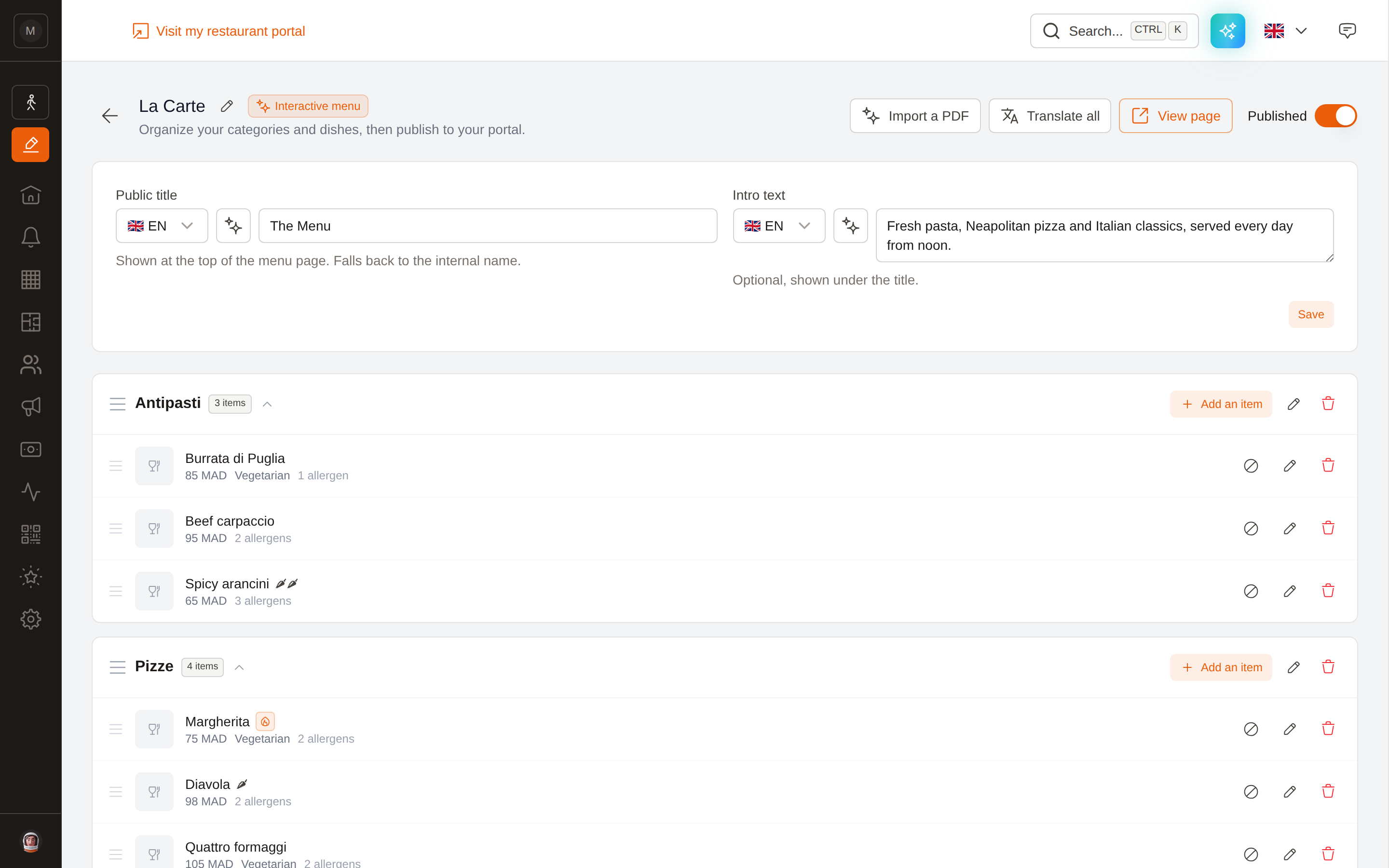 The interactive menu editor with categories and dishes