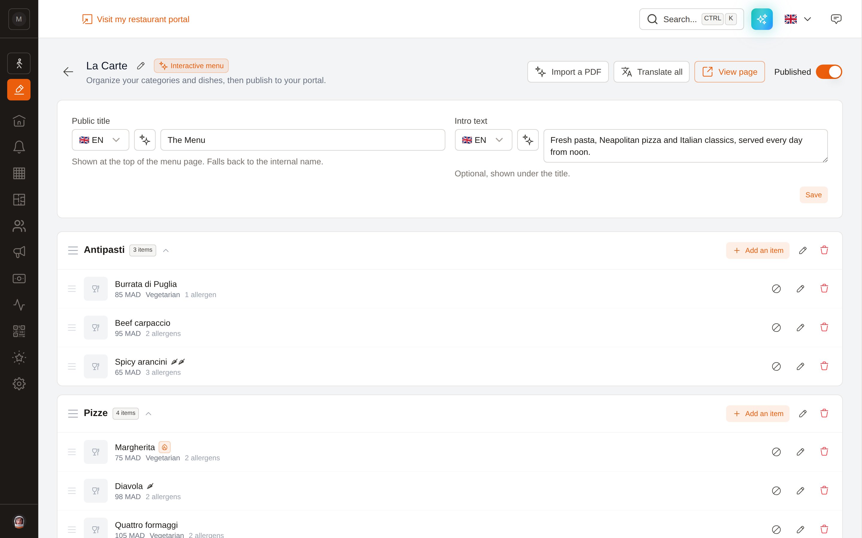 The interactive menu editor with categories and dishes