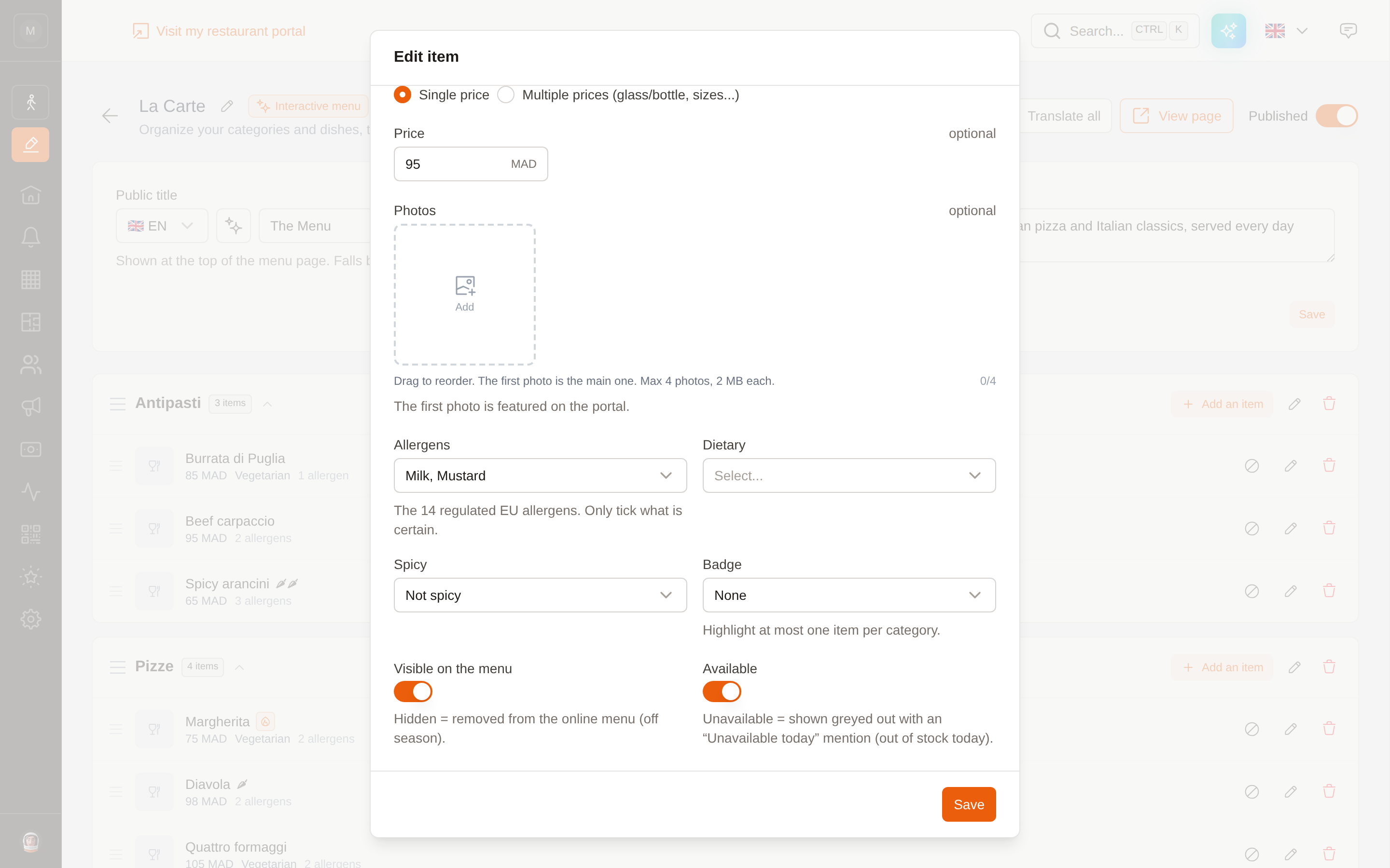 The lower part of the dish form: allergens, dietary tags, badge, visibility and availability
