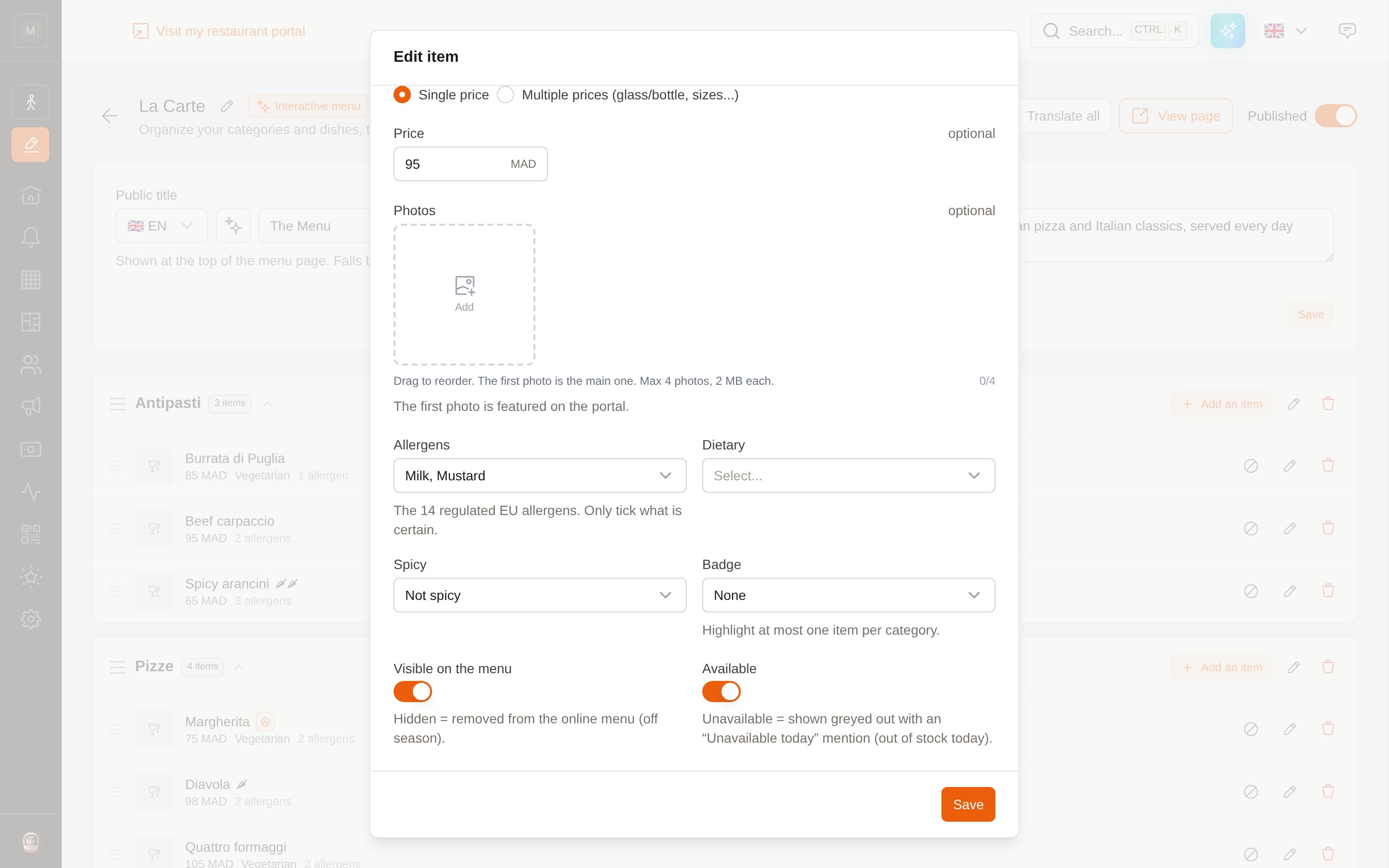 The lower part of the dish form: allergens, dietary tags, badge, visibility and availability