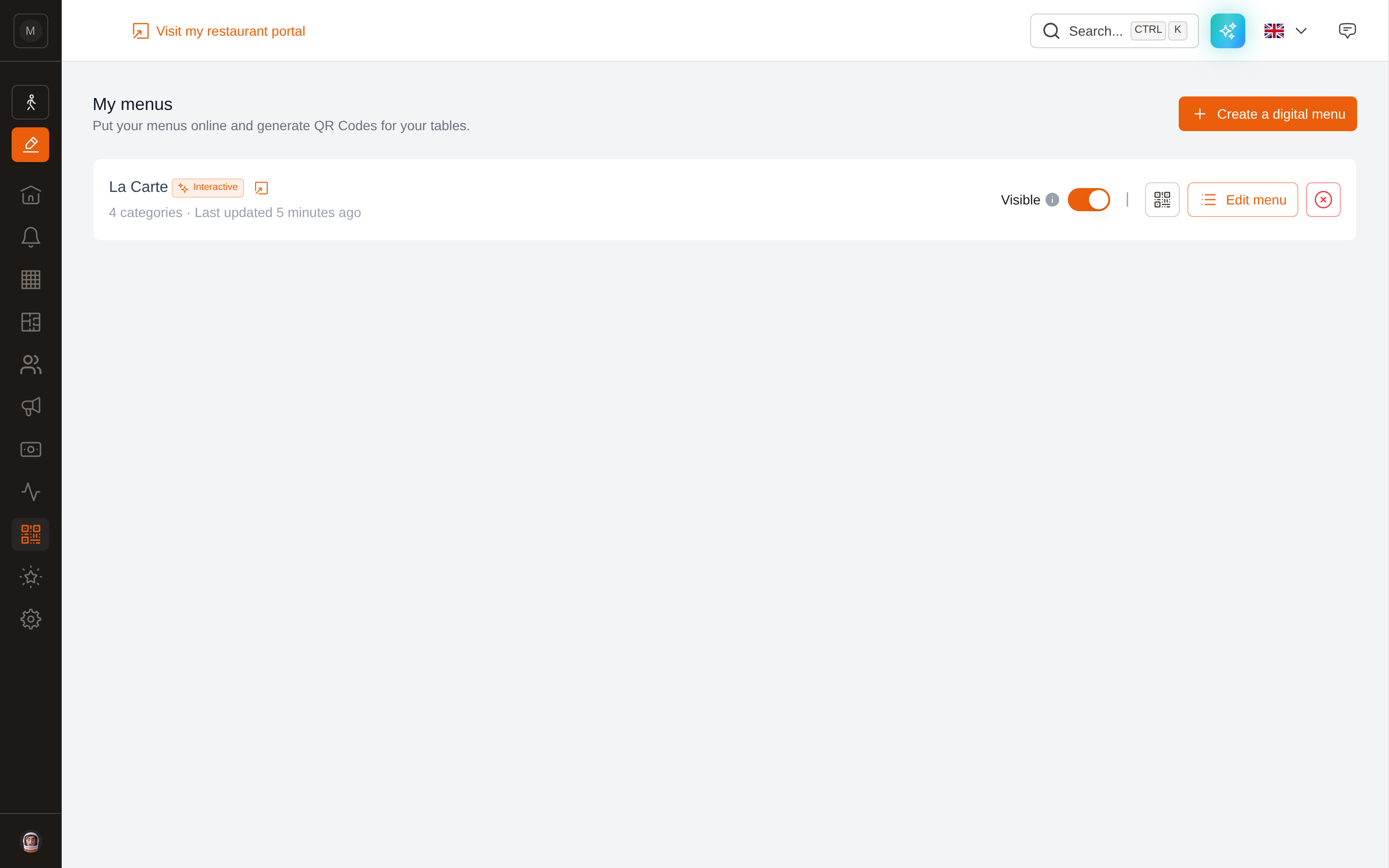 The menus list with one interactive menu