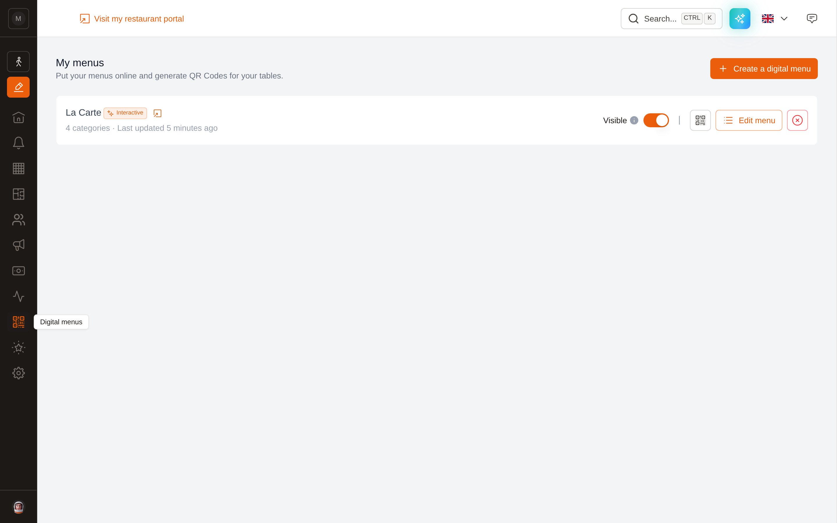 The Digital menus entry in the dashboard sidebar