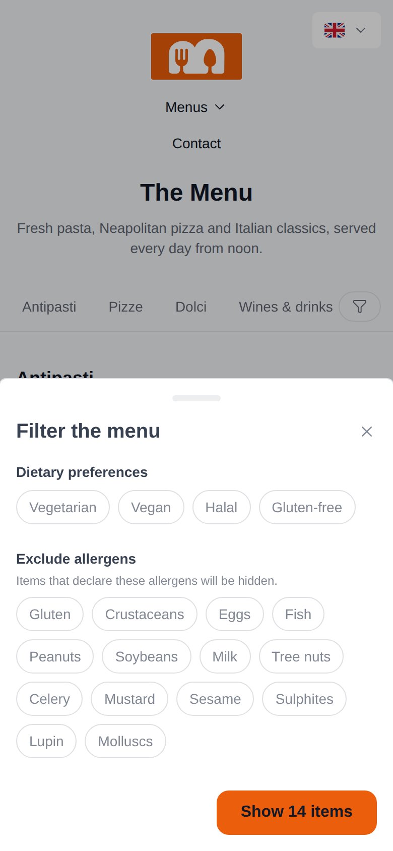 The guest-side filter drawer with diets and allergens