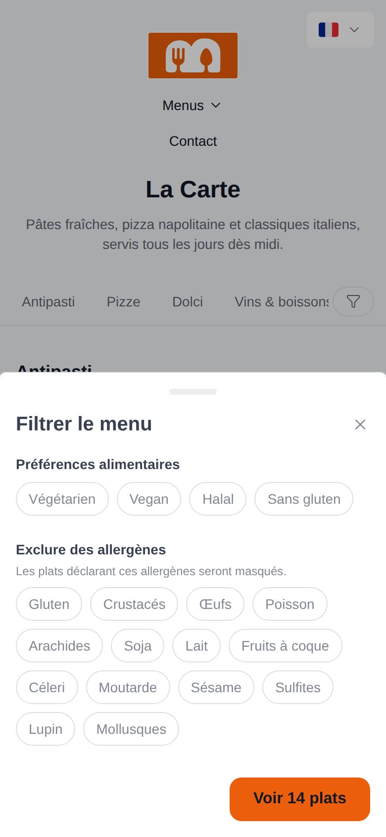 Le panneau de filtres côté client avec régimes et allergènes