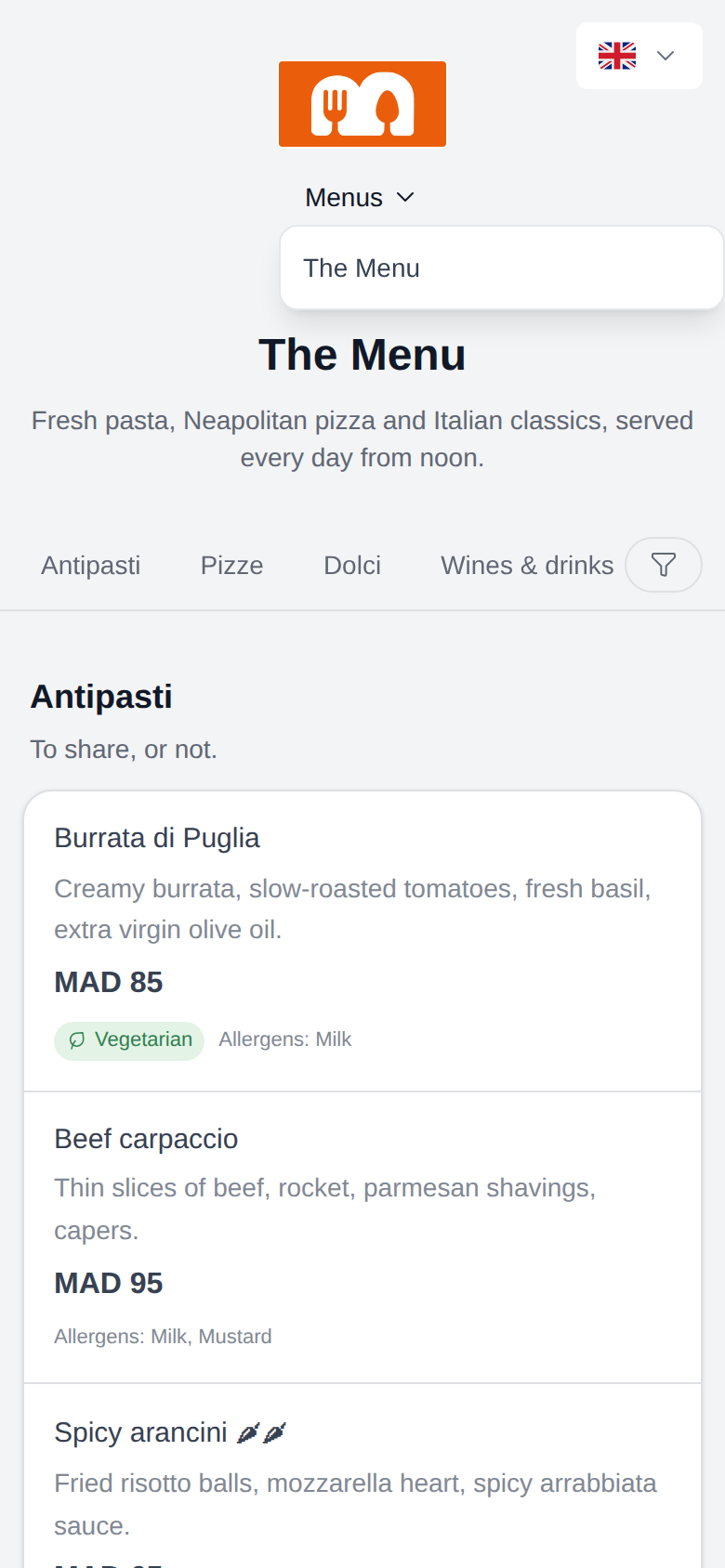 The Menus dropdown in the booking portal header
