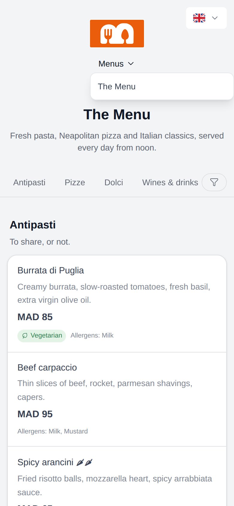 The Menus dropdown in the booking portal header