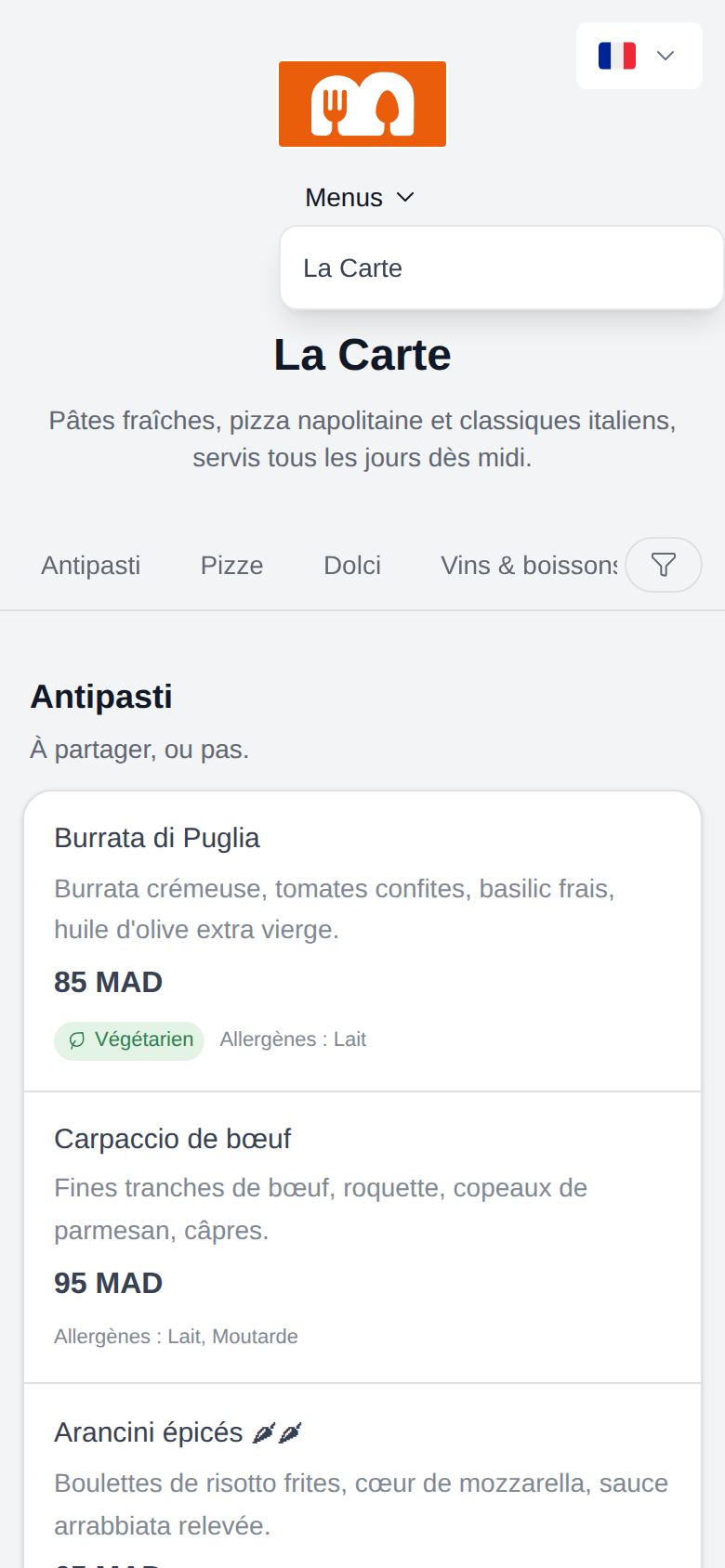 Le menu déroulant Menus dans l'en-tête du portail de réservation