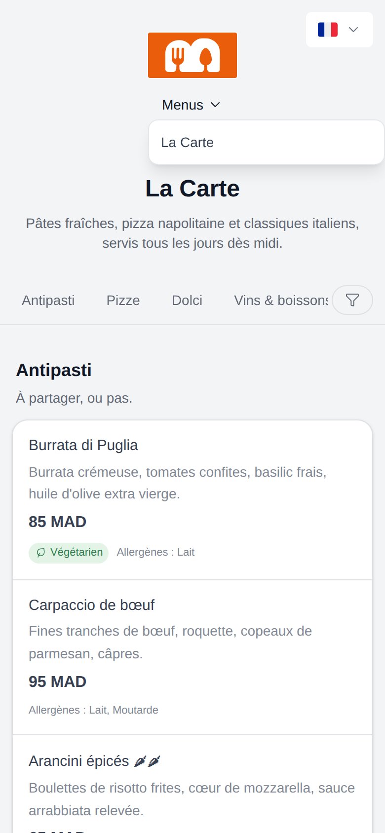 Le menu déroulant Menus dans l'en-tête du portail de réservation