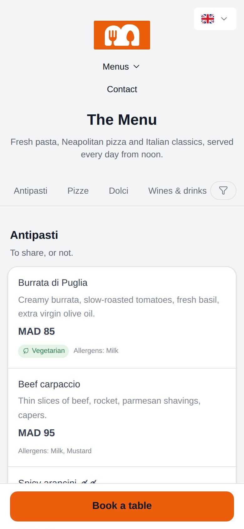 An interactive menu on mobile