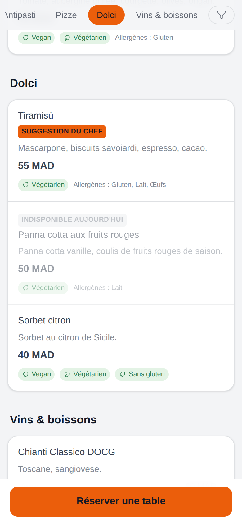 Une section de menu avec un badge suggestion du chef et un plat indisponible
