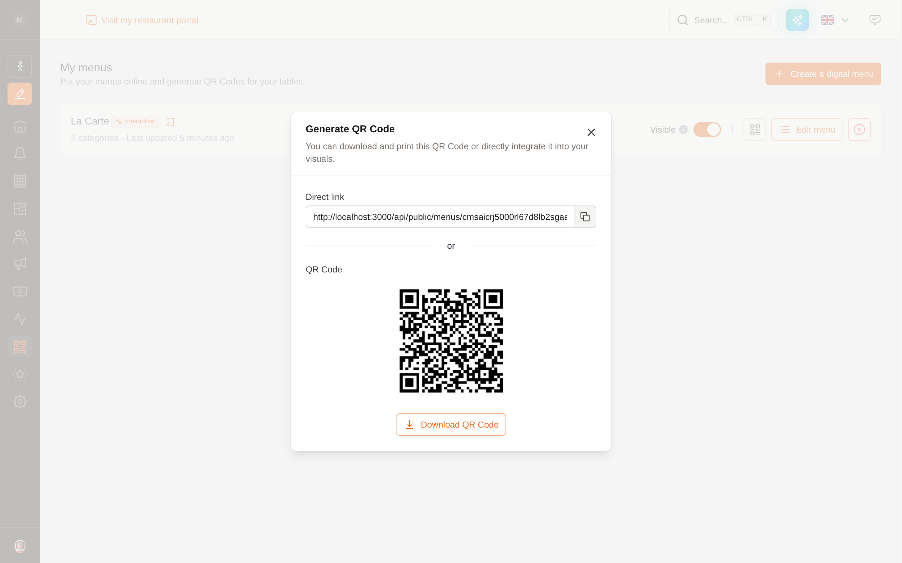 The QR code modal with the direct link and a downloadable QR code