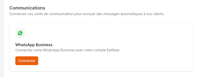 WhatsApp card in EatNow Integrations