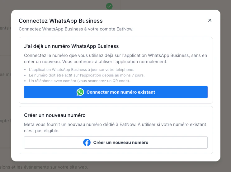 The two connection options in EatNow