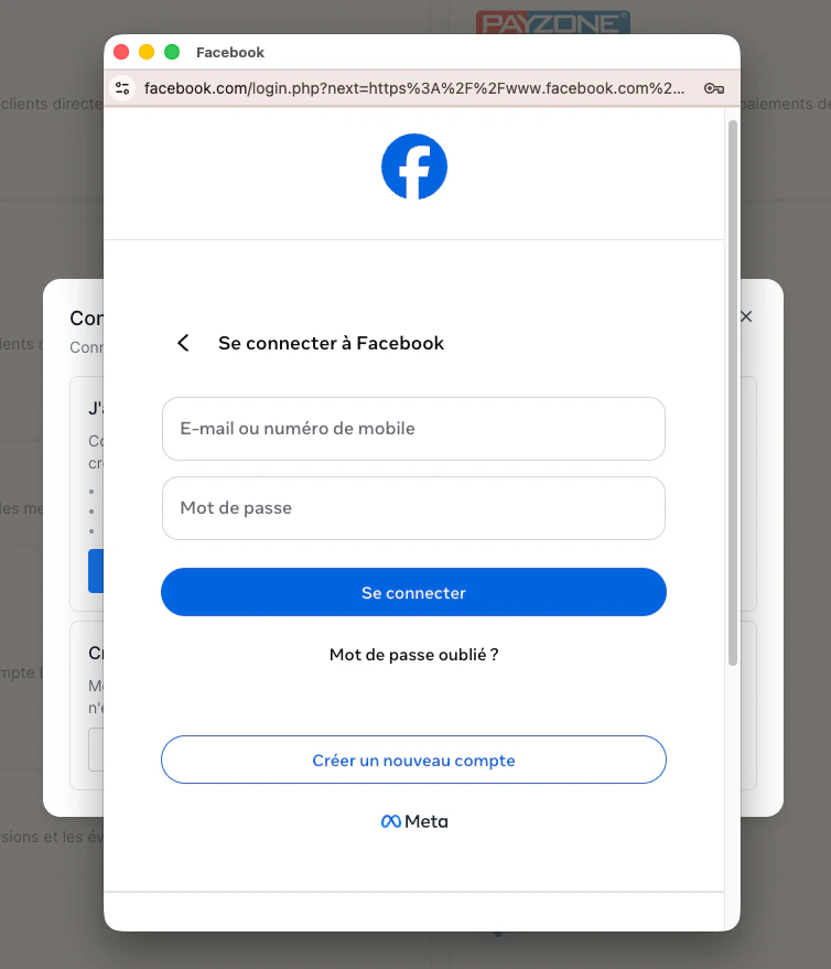 Meta Facebook login window