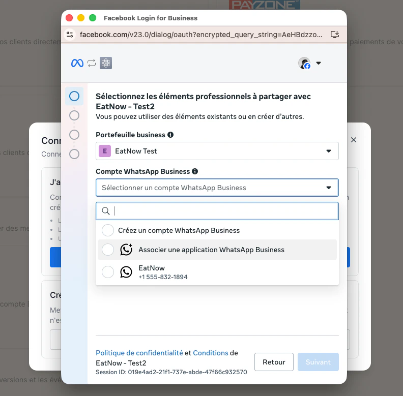 Selecting the business portfolio on Meta