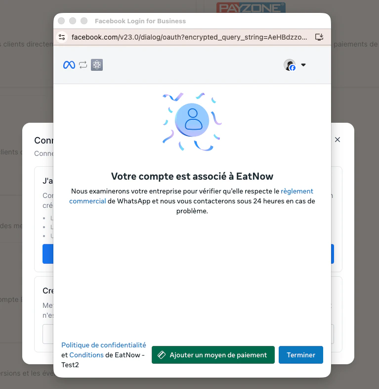 Add a payment method button redirecting to the Meta portal