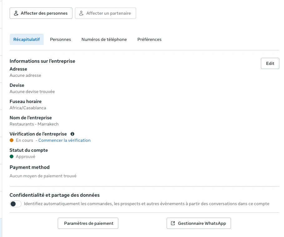 Business verification screen on Meta