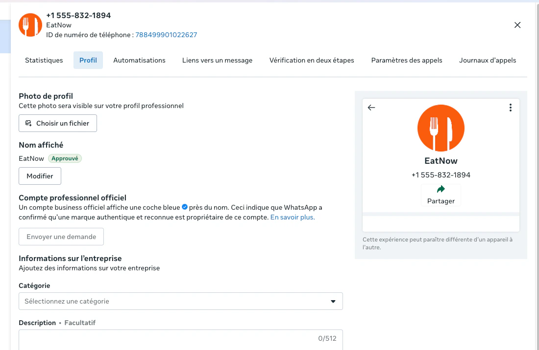 Display name and approval status in WhatsApp Manager