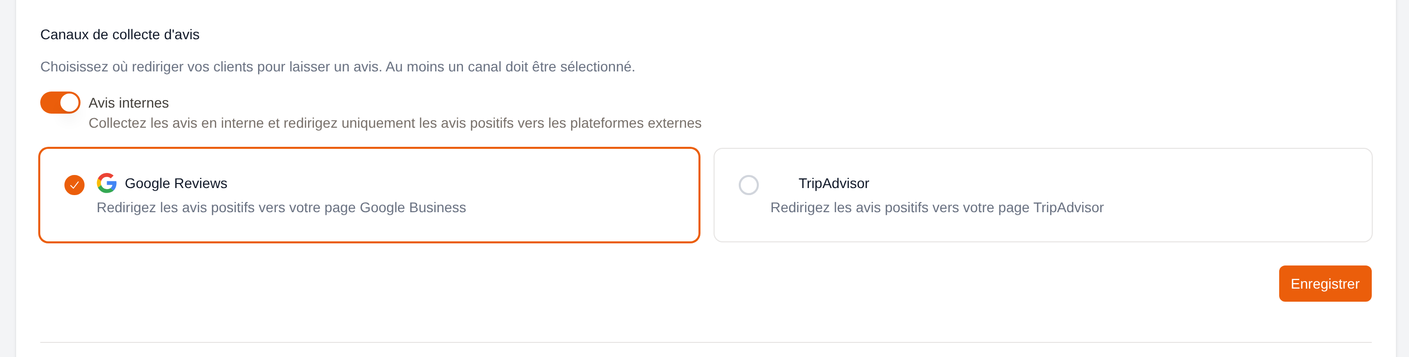 Review collection channels with the Internal reviews switch and the Google and TripAdvisor cards