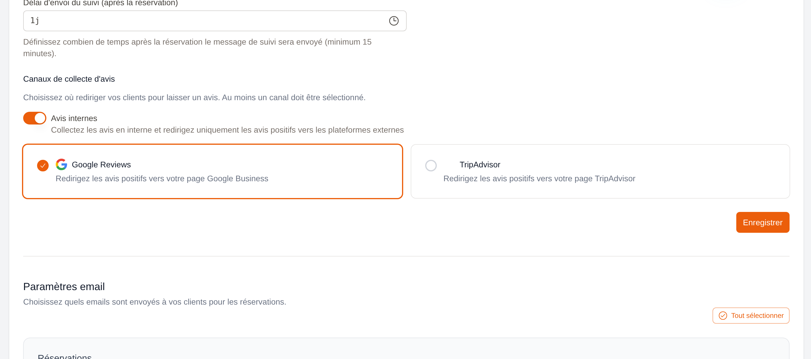 Follow-up sending delay field and Review collection channels section