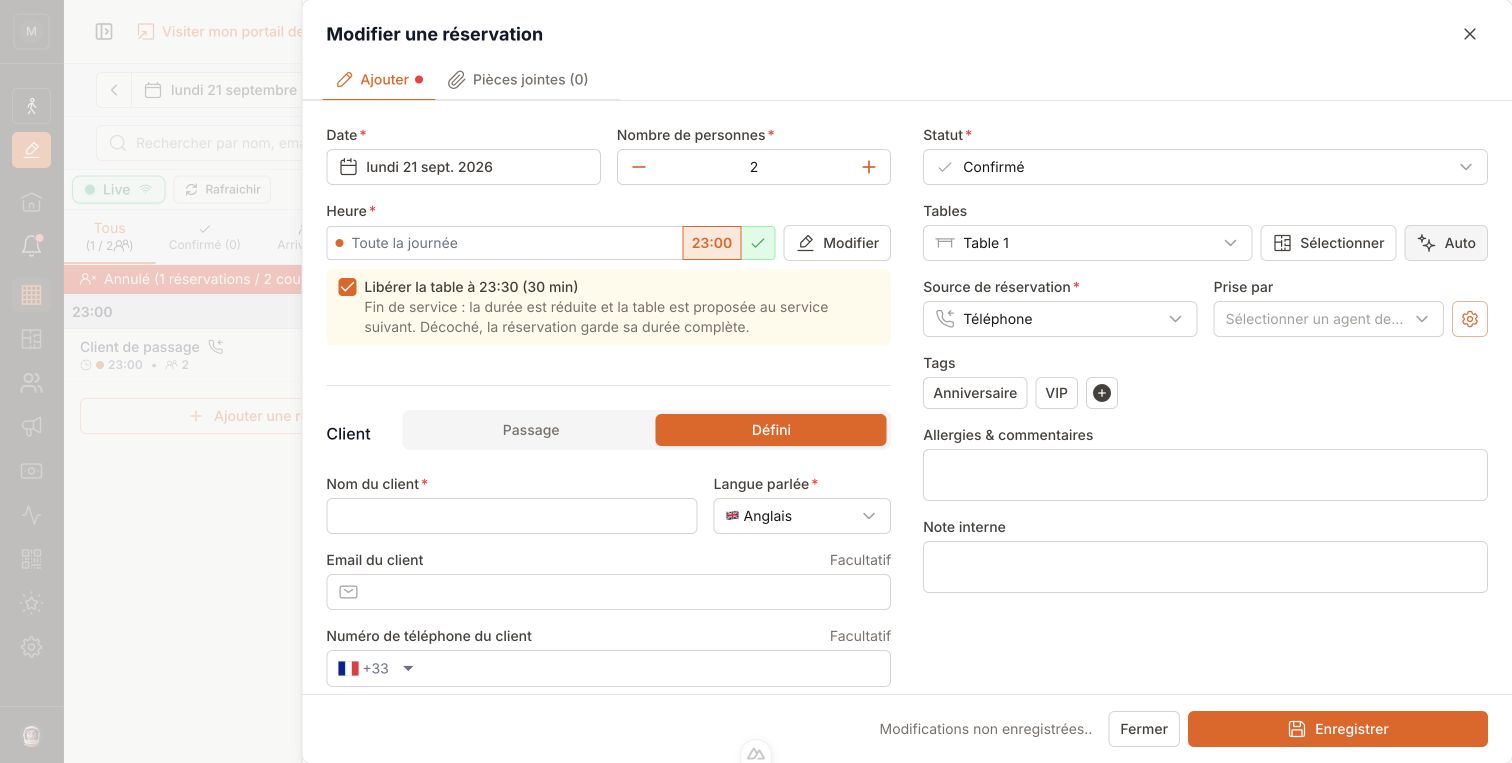 Staff reservation form with Free the table at 23:30 (30 min) selected and a table assigned