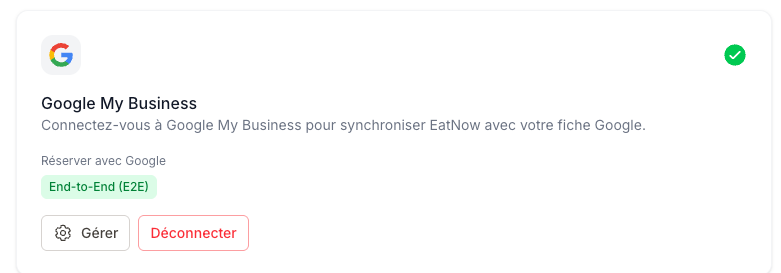 Google My Business card connected, showing the End-to-End mode and the Manage button