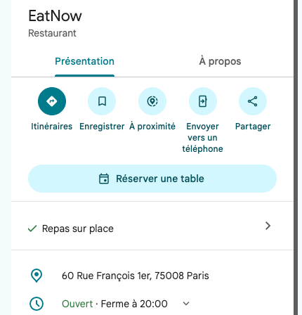 Google Maps listing of a restaurant with the Reserve a table button
