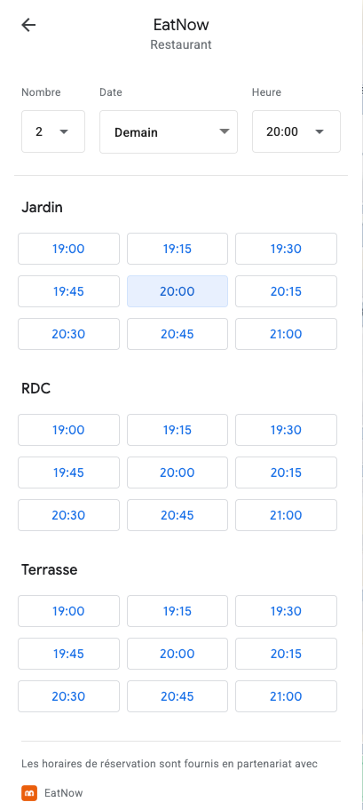Reserve with Google page with times offered for three dining areas: Jardin, RDC and Terrasse