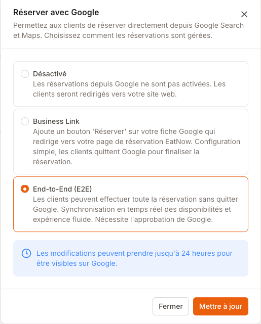 Reserve with Google window with the Disabled, Business Link and End-to-End options