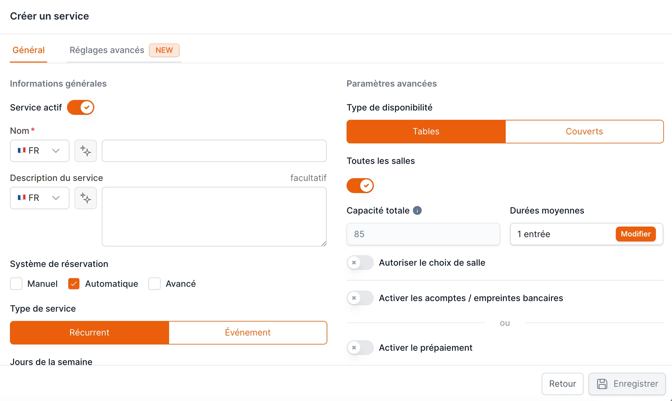 L'onglet Général d'un nouveau service avec le nom, l'horaire, les heures et la capacité