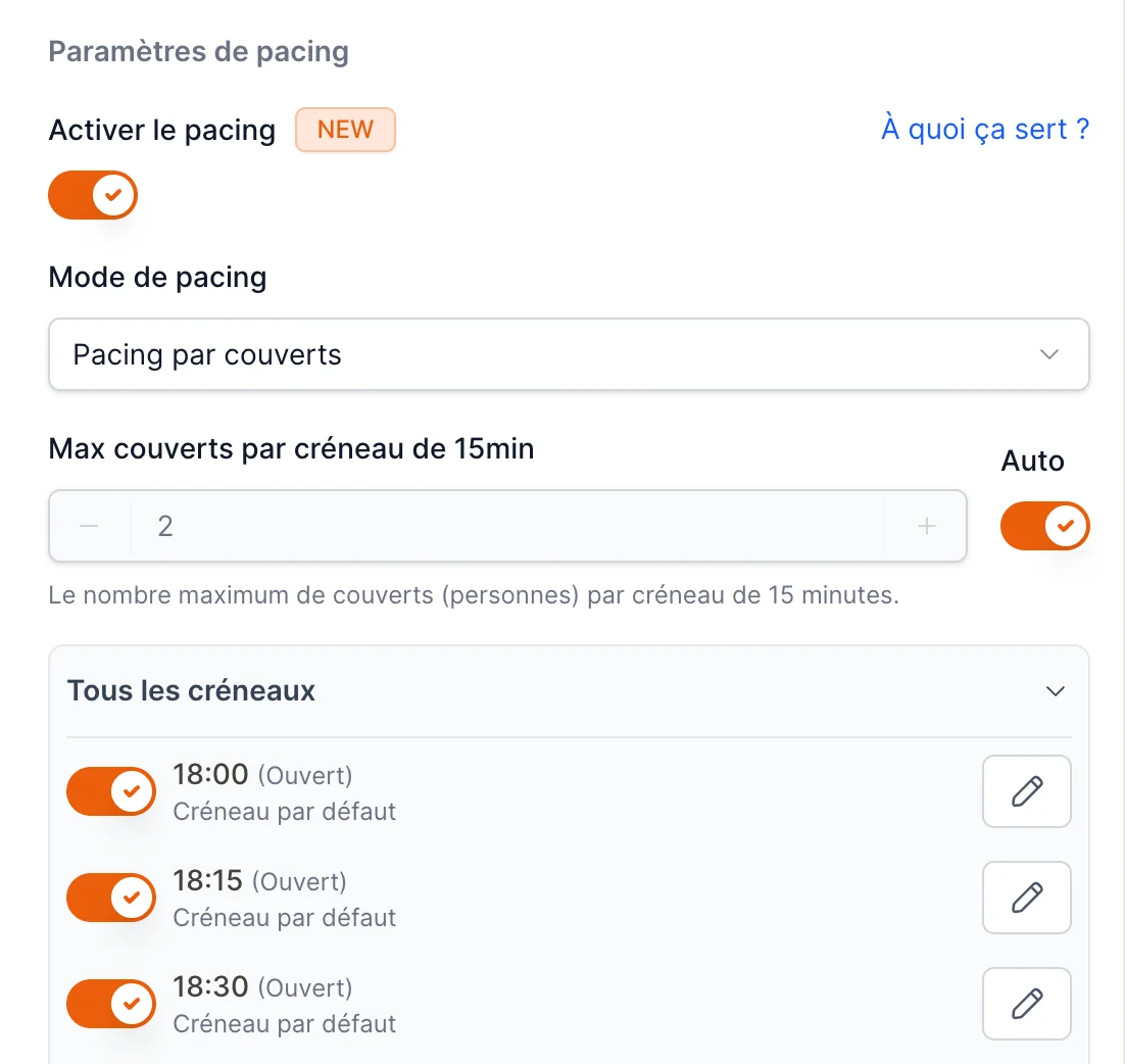 Pacing settings showing mode and max per slot