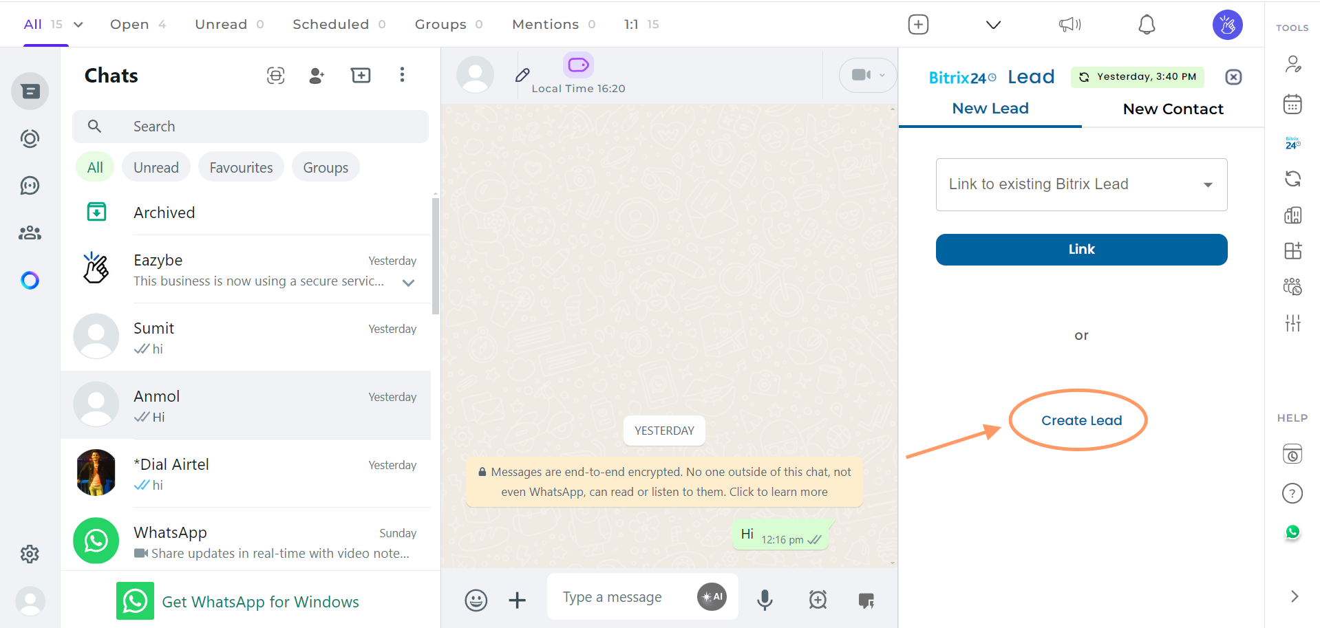 Create new lead button