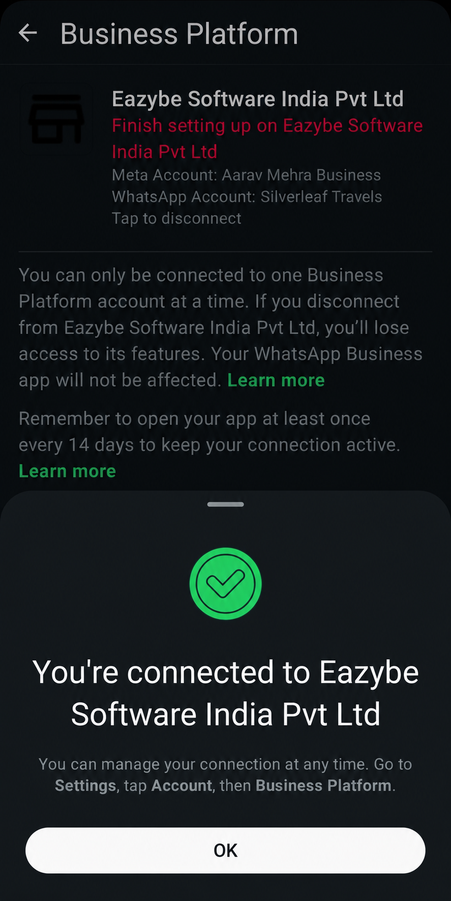 Connection confirmation with OK button