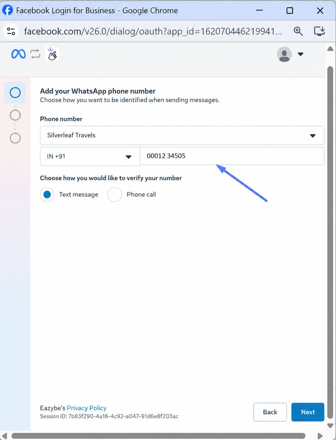 Select your business account and WhatsApp number