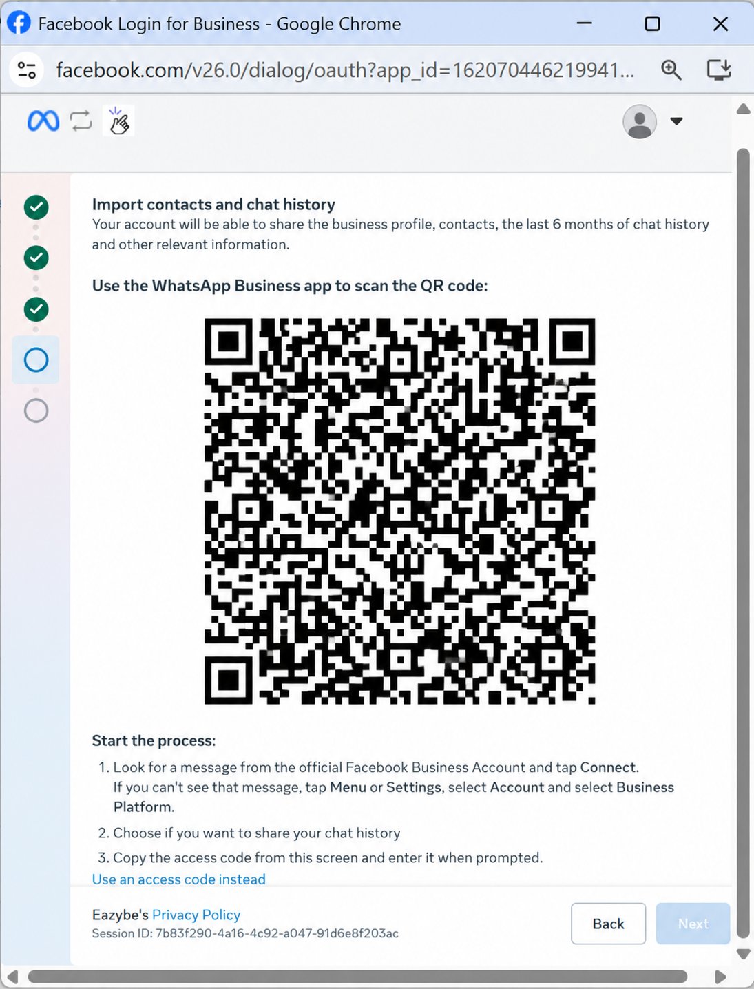 Tela de importação com código QR ilustrativo