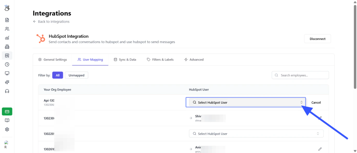 Elija un usuario de HubSpot para mapear