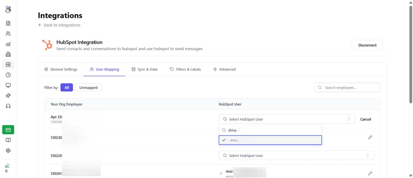 Seleccione el usuario específico de HubSpot