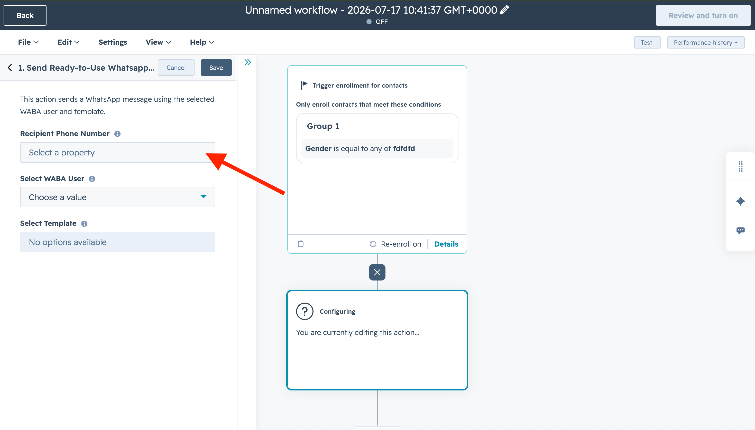 Recipient Phone Number field in the HubSpot workflow action
