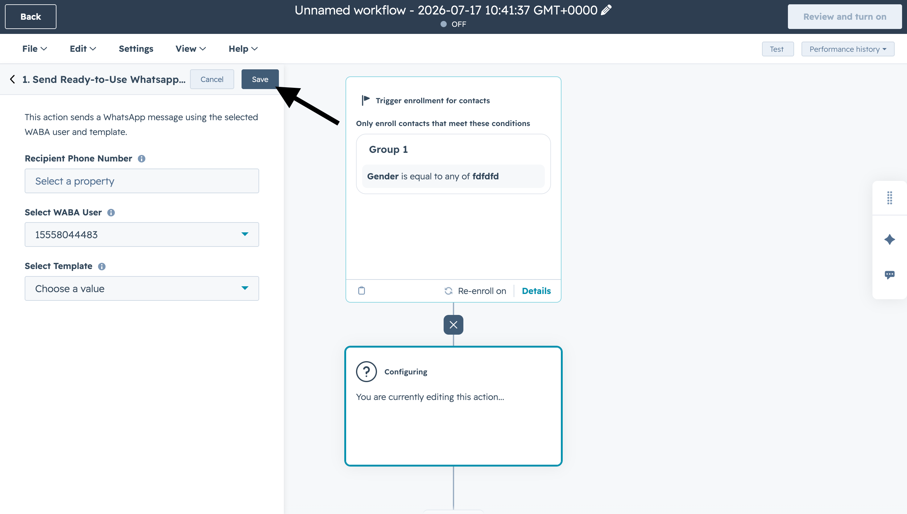 Save button in the HubSpot workflow action