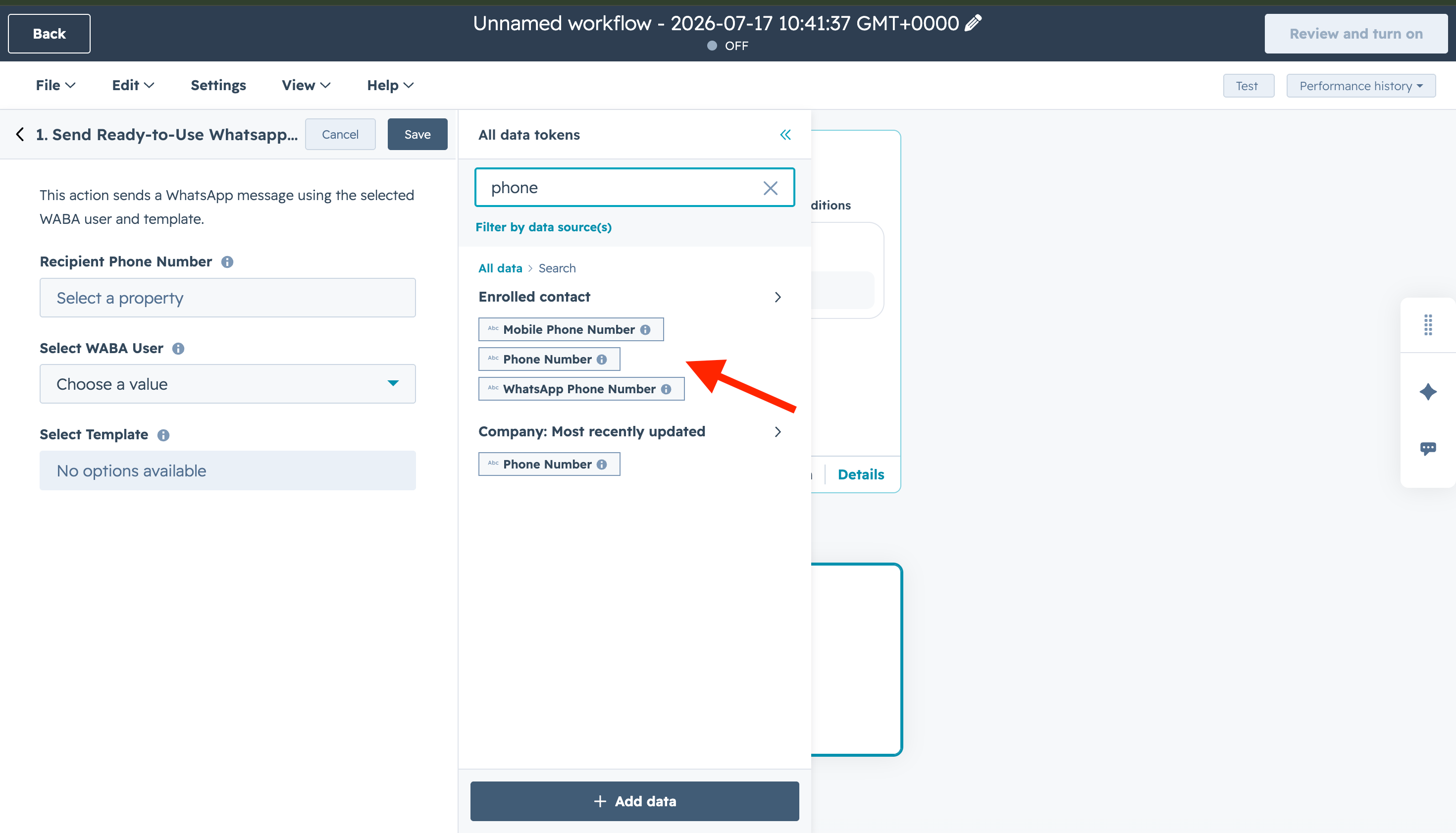 HubSpot phone number properties available for the recipient