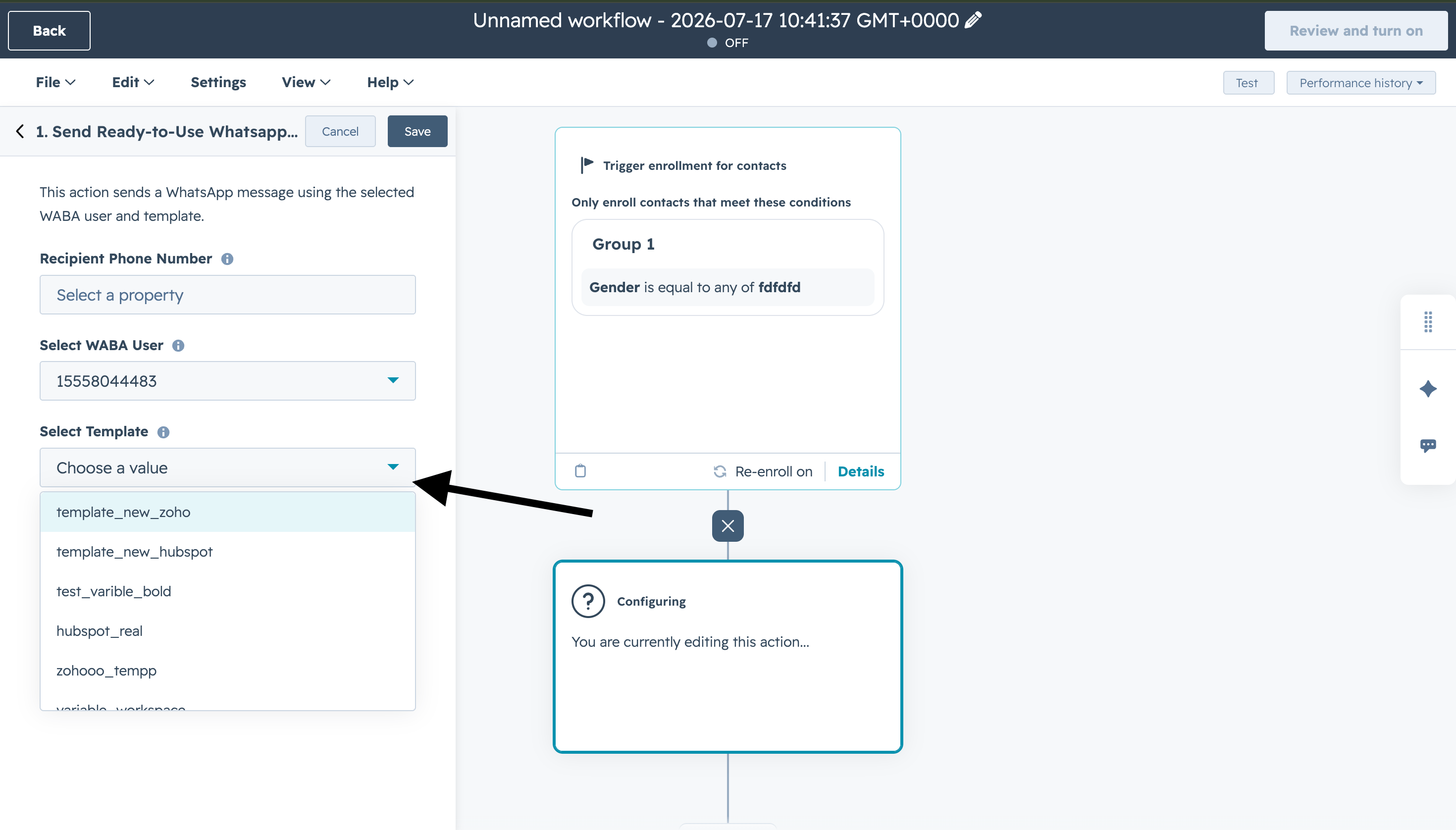 Template dropdown open in the HubSpot workflow action
