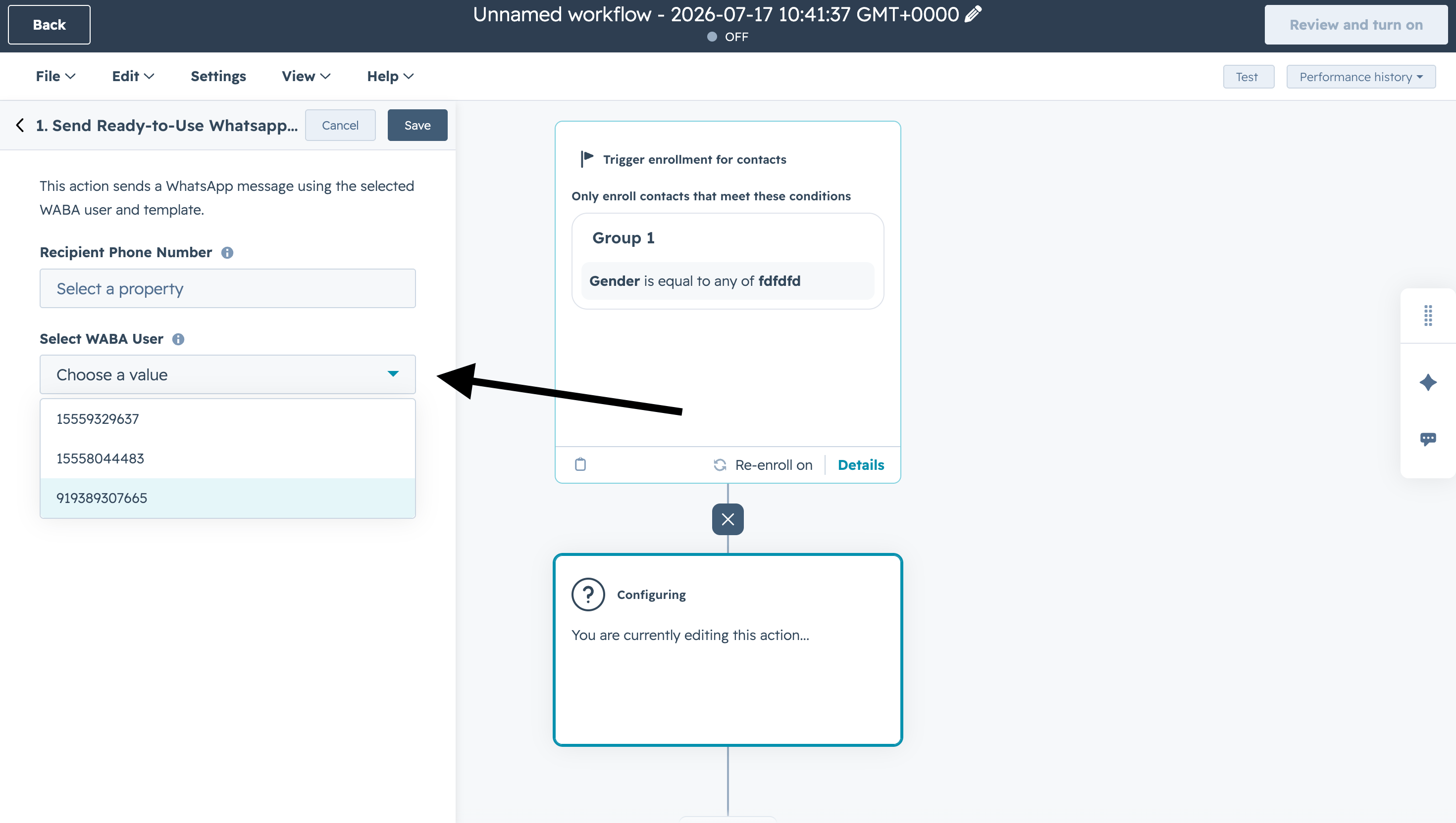 WABA User dropdown in the HubSpot workflow action