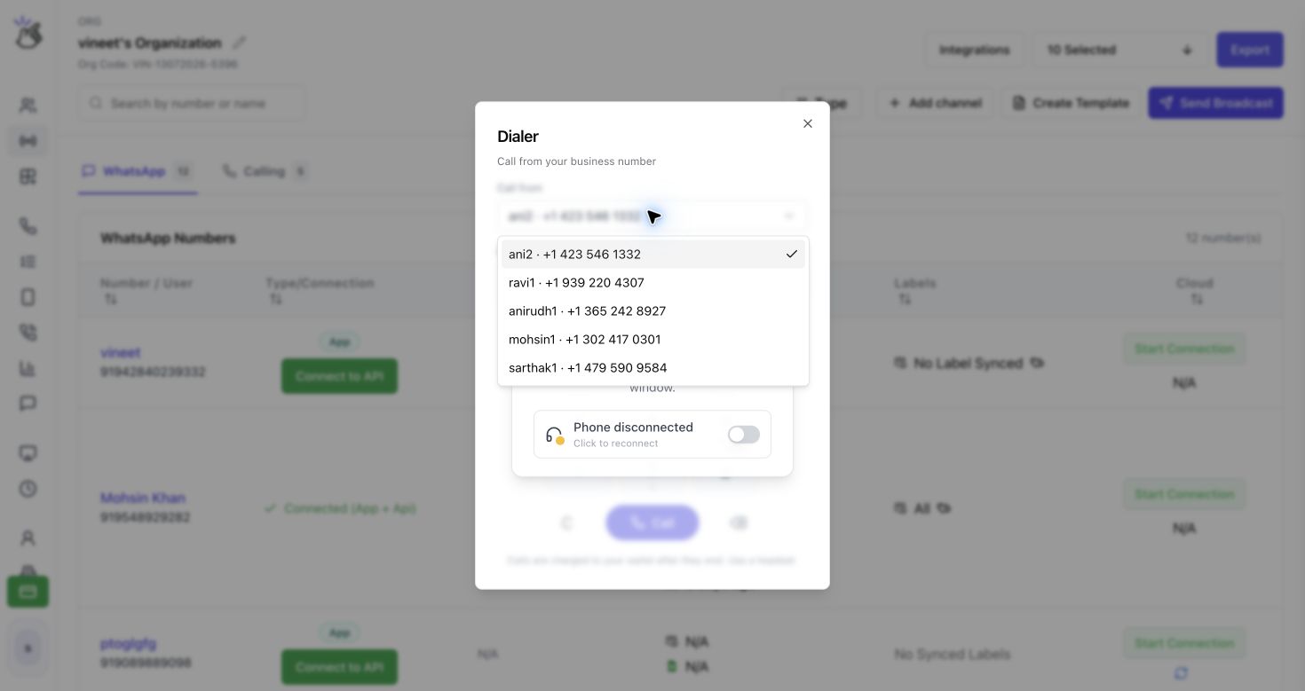 Lista Call from con números de voz