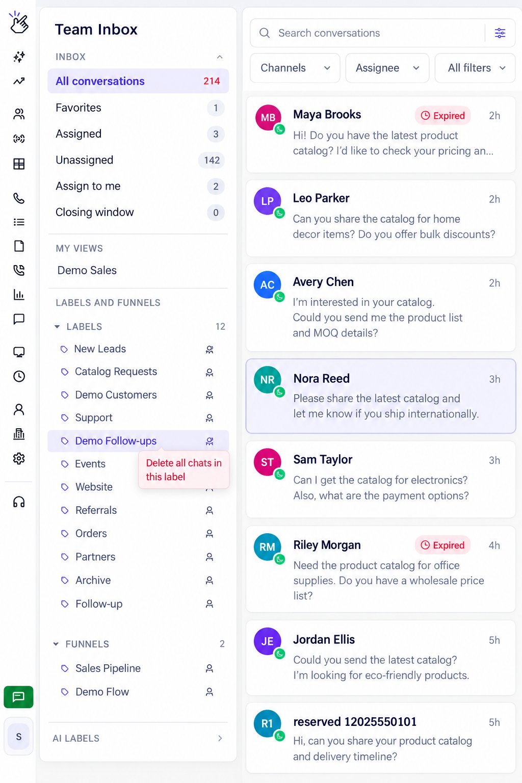 Label menu with Delete all chats in this label